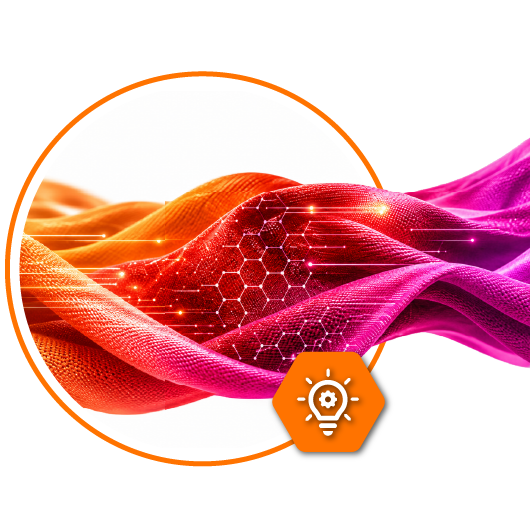 Tela naranja y magenta con trama tecnológica
